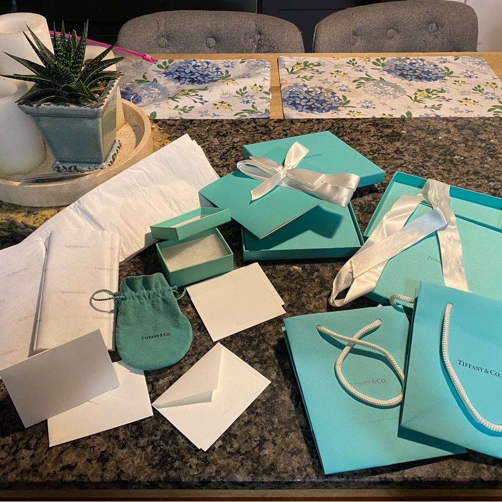 Tiffany & Co. Boxes, pouch, bags, cards and tissue.